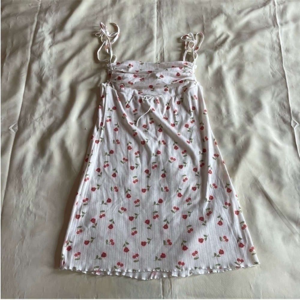 For Love And Lemon- White Mini Dress Rose Cherry Patterns Pointelle Dress Size L - Picture 4 of 12